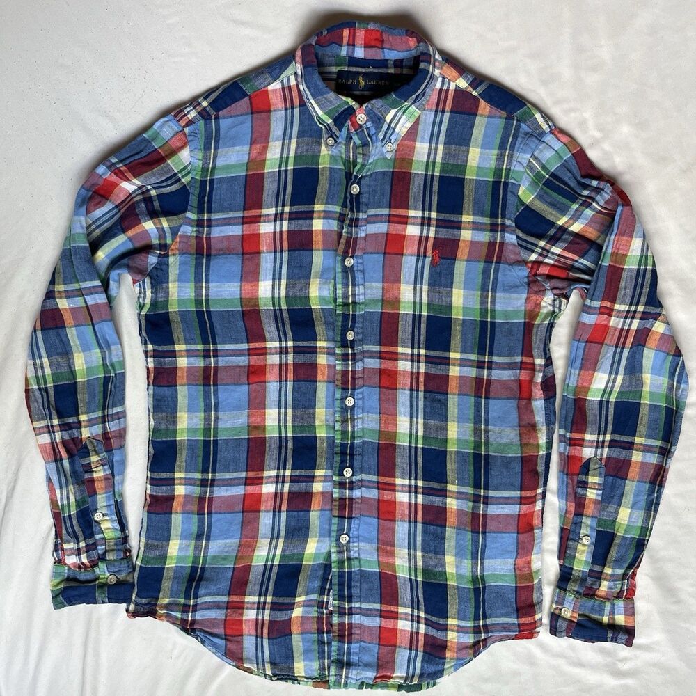Ralph Lauren Polo Linen Shirt Men Small Classic Fit Button Up Multi Plaid Preppy